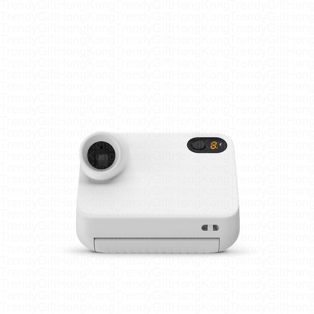 Rear view of a white camera with a round viewfinder and black counter window.