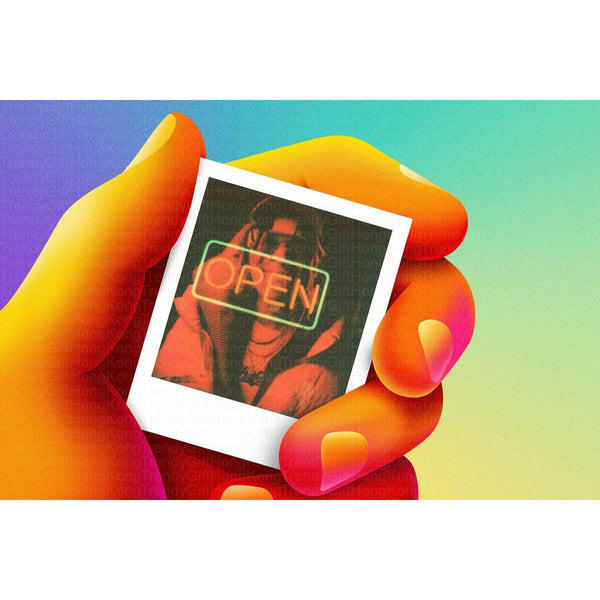 Colorful illustrated hand holds a white-bordered instant print showing an OPEN sign.