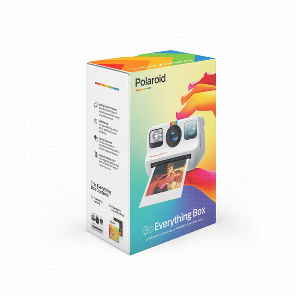Colorful Polaroid Go Everything Box packaging shown at an angle.