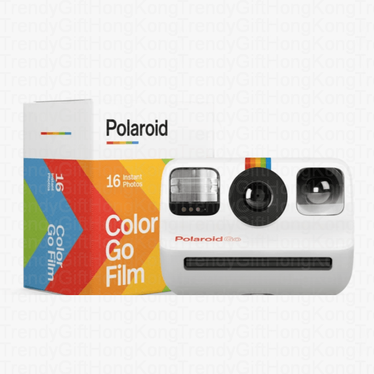 White Polaroid Go camera beside a colorful Color Go Film box on a white background.