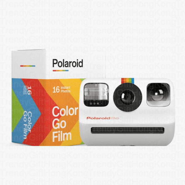 White Polaroid Go camera beside a colorful Color Go Film box on a white background.