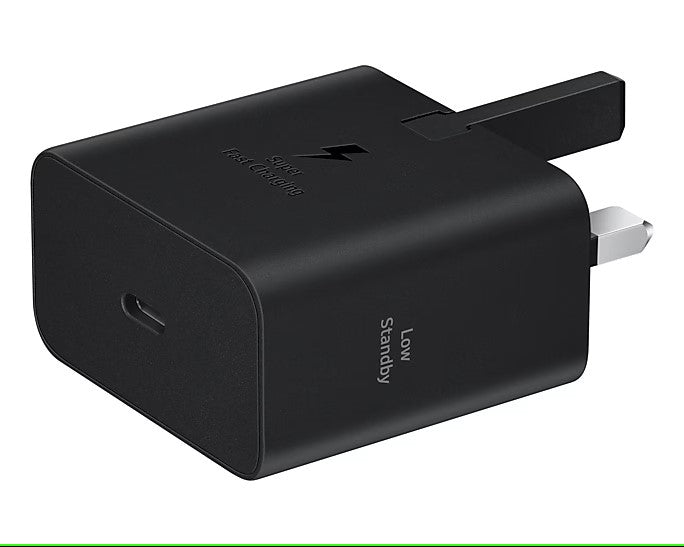 Samsung Galaxy 25W Super Fast Charging Travel Adapter in black, USB-C to USB-C cable included