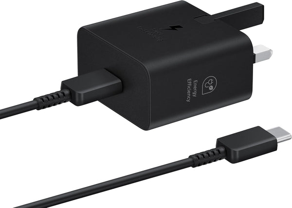 Samsung Galaxy 25W Super Fast Charging Travel Adapter in black, USB-C to USB-C cable included