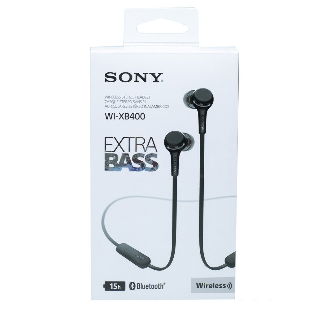 Sony WI-XB400 black wireless in-ear Extra Bass headphones with microphone and USB-C charging cable