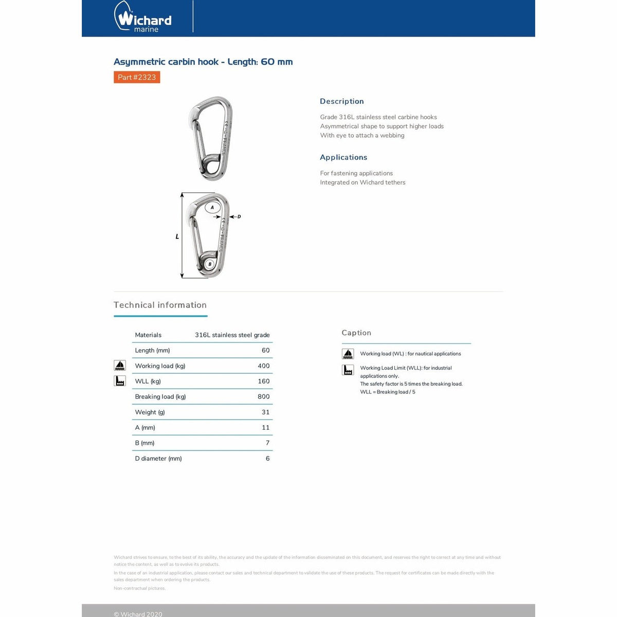 Wichard 2323 Asymmetric carabiner hook 60mm product detail