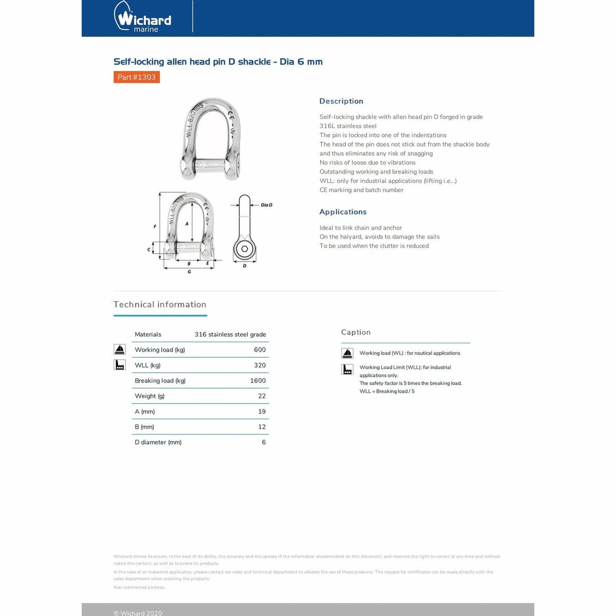 Wichard 1303 Self-locking Allen head pin D shackle 6mm product detail