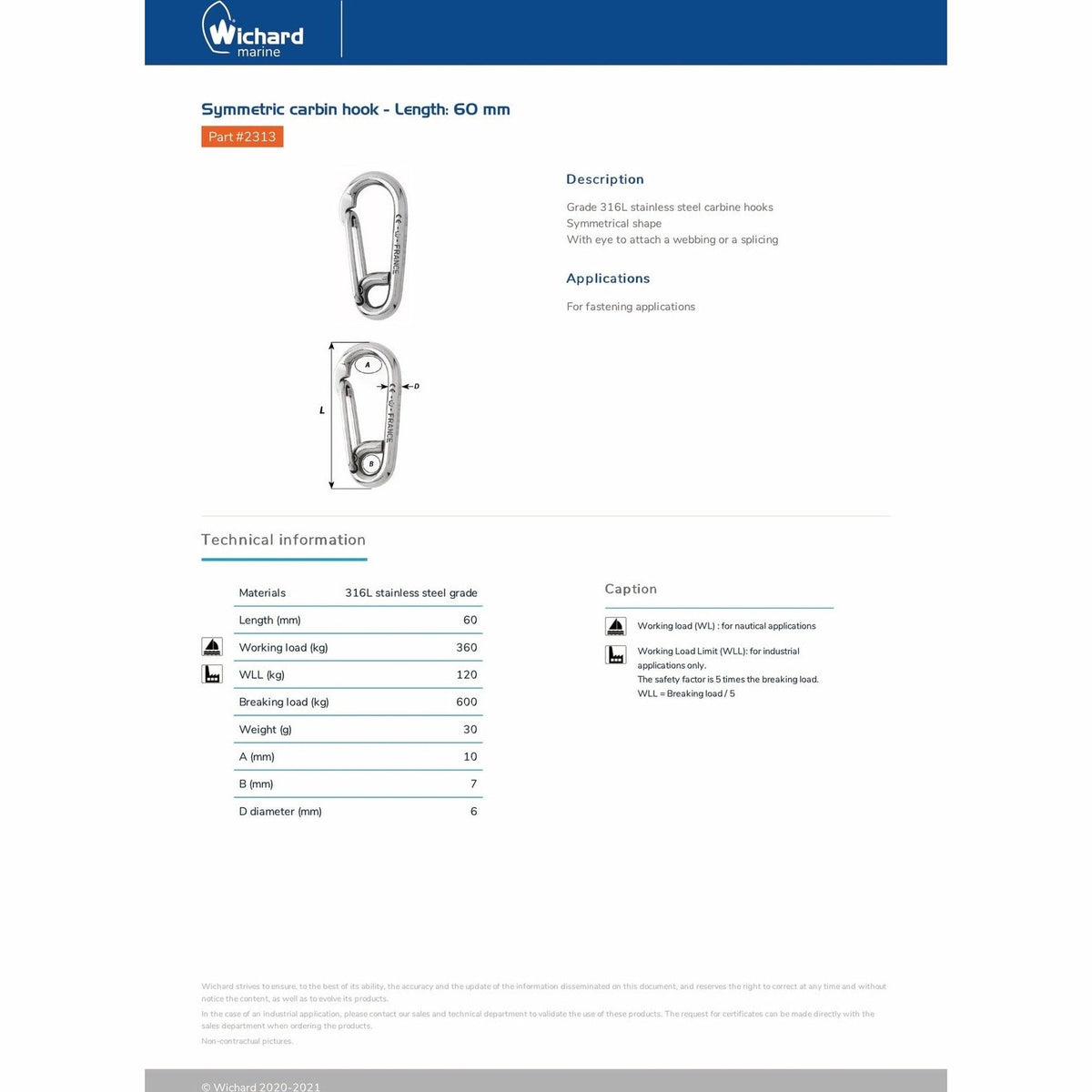 Wichard 2313 Symmetric carabiner hook 60mm product detail