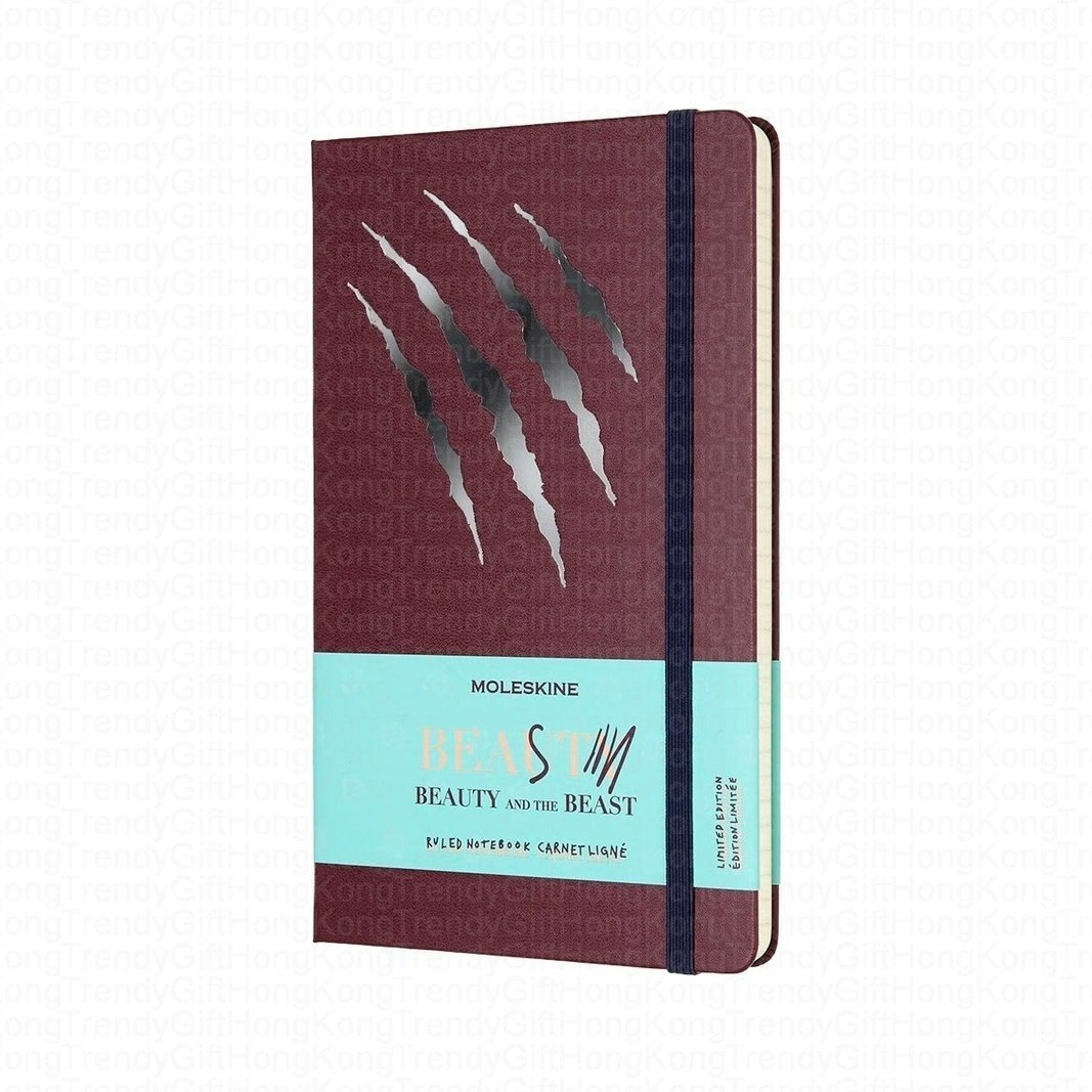 Moleskine Beauty and the Beast ruled notebook front cover with turquoise paper band, 13 × 21 cm